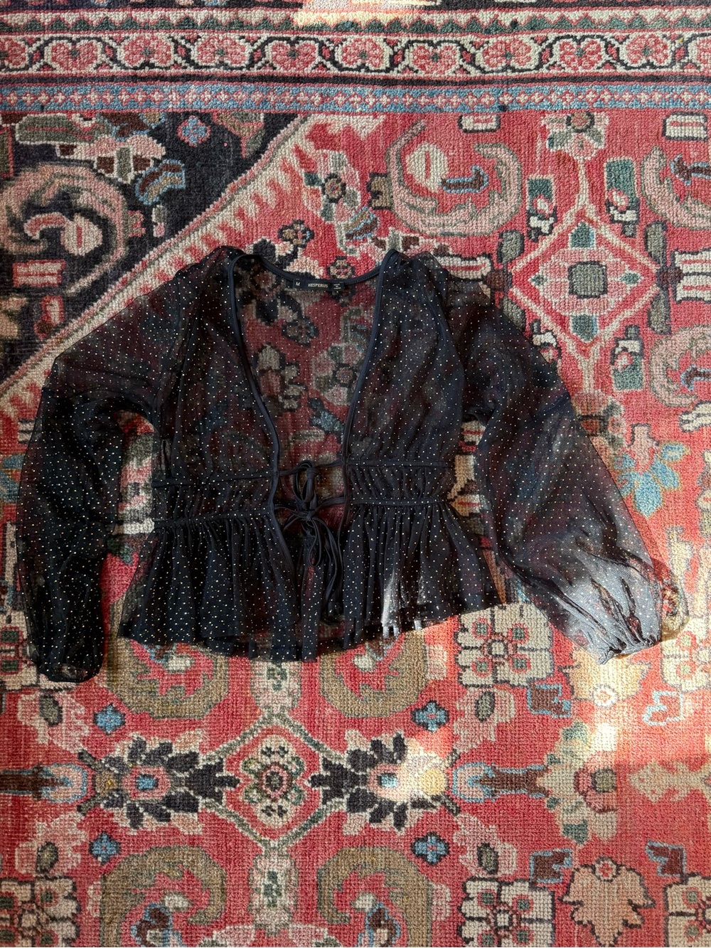 Sheer Black Polka Dot Tie-Front Women's Top